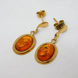 9ct Yellow Gold & Cabochon Cut Baltic Amber Stud Earrings Vintage c1980
