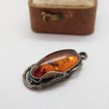 Sterling Silver Cabochon Baltic Amber Drop Charm Pendant Vintage c1970