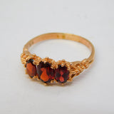 9ct Yellow Gold & Bohemian Garnet Three-Stone Dress Ring Vintage c1970s
