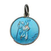 Sterling Silver Blue Enamel St Christopher Pendant Vintage c1970s