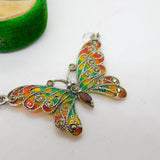 Sterling Silver Plique-à-Jour Enamel Double Butterfly Pendant Vintage c1980