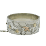 Art Deco Sterling Silver & Gold Flower & Swallow Pattern Cuff Bangle Antique