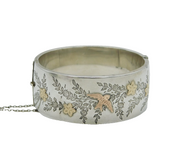 Art Deco Sterling Silver & Gold Flower & Swallow Pattern Cuff Bangle Antique