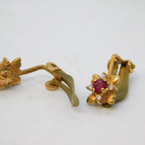 9ct Yellow Gold, Ruby & Diamond Clip-On Floral Earrings Vintage c1970s