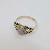 Sterling Silver Cabochon Moonstone Scroll Pattern Ring Vintage c1970 Size M 1/2