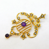 Edwardian 9ct Yellow Gold, Amethyst & Seed Pearl Lavalier Pendant Antique c1910