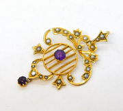 Edwardian 9ct Yellow Gold, Amethyst & Seed Pearl Lavalier Pendant Antique c1910