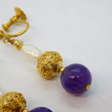 Rolled Gold Victorian Style Amethyst & Pearl Screw-Back Earrings Vintage