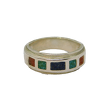 Sterling Silver Mixed Natural Stone Mosaic Style Ring Modern c1990 Size N 1/2