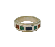 Sterling Silver Mixed Natural Stone Mosaic Style Ring Modern c1990 Size N 1/2