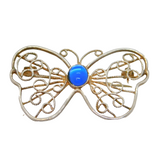 Sterling Silver Wirework & Blue Glass Cabochon Butterfly Brooch Pin Modern c1990