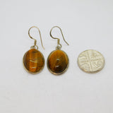 Pair of Sterling Silver Tiger's Eye Oval Form Hook Drop Earrings Vintage c1970