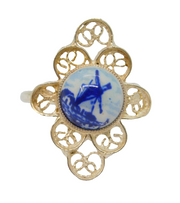 Sterling Silver Filigree Delft Ceramic Windmill Dress Ring Vintage c1970 Size N