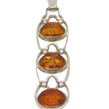 Sterling Silver Triple Baltic Amber Hinged Long Drop Charm Pendant Vintage c1970