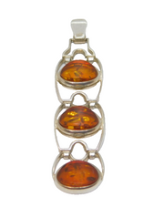 Sterling Silver Triple Baltic Amber Hinged Long Drop Charm Pendant Vintage c1970