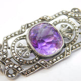 Art Deco Sterling Silver, Marcasite & Amethyst Floral Brooch Antique c1930s