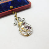 Sterling Silver & 9ct Gold Pink Paste Floral Drop Pendant Vintage c1970