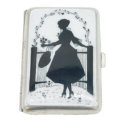 Art Deco Silver Plated Black & White Enamel Romantic Scene Cigarette Case