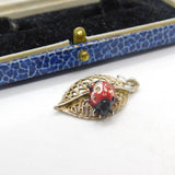 Sterling Silver & Enamel Ladybird on Leaf Charm Pendant Vintage c1970