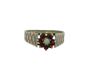 Sterling Silver 8 Garnet & Opal Cluster Graduating Band Ring Vintage 1976 Size N