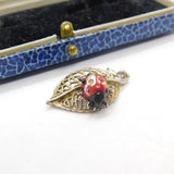 Sterling Silver & Enamel Ladybird on Leaf Charm Pendant Vintage c1970