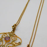 Edwardian 9ct Gold, Amethyst & Seed Pearl Lavalier Pendant Necklace Antique