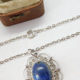 Sterling Silver Floral Drop Pendant with Cabochon Lapis Stone Vintage c1990