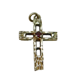 Sterling Silver Garnet Set Textured Cross Charm Pendant Vintage c1970