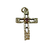 Sterling Silver Garnet Set Textured Cross Charm Pendant Vintage c1970