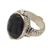 20th Century White Metal Onyx Centurion Intaglio Signet Ring Antique c1920
