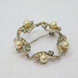 Sterling Silver Paste & 5 Pearl Open Circle Brooch Pin Vintage c1970