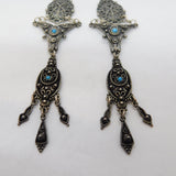 Sterling Silver Large Turquoise Set Filigree Hook Drop Earrings Vintage c1990