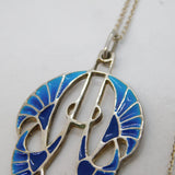 Sterling Silver, Enamel & Pearl Set Art Nouveau Style Pendant Necklace Vintage