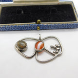 Sterling Silver Red Agate & Bloodstone Floral Pendant Antique c1930 Art Deco