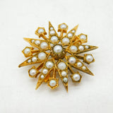 9ct Yellow Gold & Seed Pearl Set Starburst Brooch Vintage 1965 London