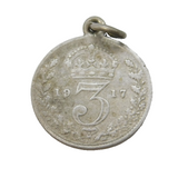 Sterling Silver WW1 Threepence Coin Charm Pendant Antique 1917