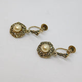 Pair of Sterling Silver Pearl & Marcasite Deco Screw Back Earrings Antique c1930