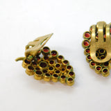 Czechoslovakian Rolled Gold Garnet Set Grape Bunch Clip-On Earrings Antique