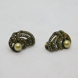 Pair of .800 Silver Marcasite & Pearl Deco Clip On Earrings Antique c1930