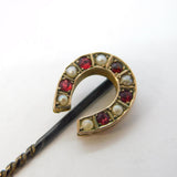 Victorian Sterling Silver Gilt, Garnet & Seed Pearl Horseshoe Stick Pin Antique