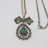 935 Silver Marcasite & Green Paste Bow & Peardrop Necklace Antique c1920's