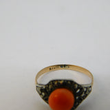 Art Deco 9ct Gold & Silver Set, Coral & Marcasite Dress Ring Antique c1920s