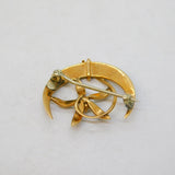 Victorian 9ct Gold & Seed Pearl Crescent Moon & Flower Brooch Antique c1890