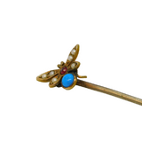 Victorian 9ct Gold, Seed Pearl, Turquoise & Garnet Insect Bug Stick Pin Antique