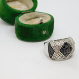 Sterling Silver Black & Clear Crystal Art Deco Style Ring Vintage c1970 Size Q