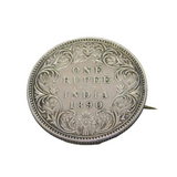 Queen Victoria Sterling Silver One Rupee Indian Coin Brooch Pin Antique 1890