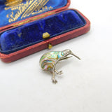 New Zealand Sterling Silver Abalone Set Kiwi Brooch Pin Antique c1930 Art Deco