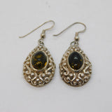 Sterling Silver Floral Pattern Green Amber Set Drop Earrings Vintage c1990s
