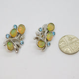 Pair of Sterling Silver Opal Cabochon & Blue Topaz Clip Earrings Vintage c1970