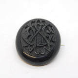 Victorian Carved Whitby Jet Monogram Sweetheart Brooch Antique c1860s
